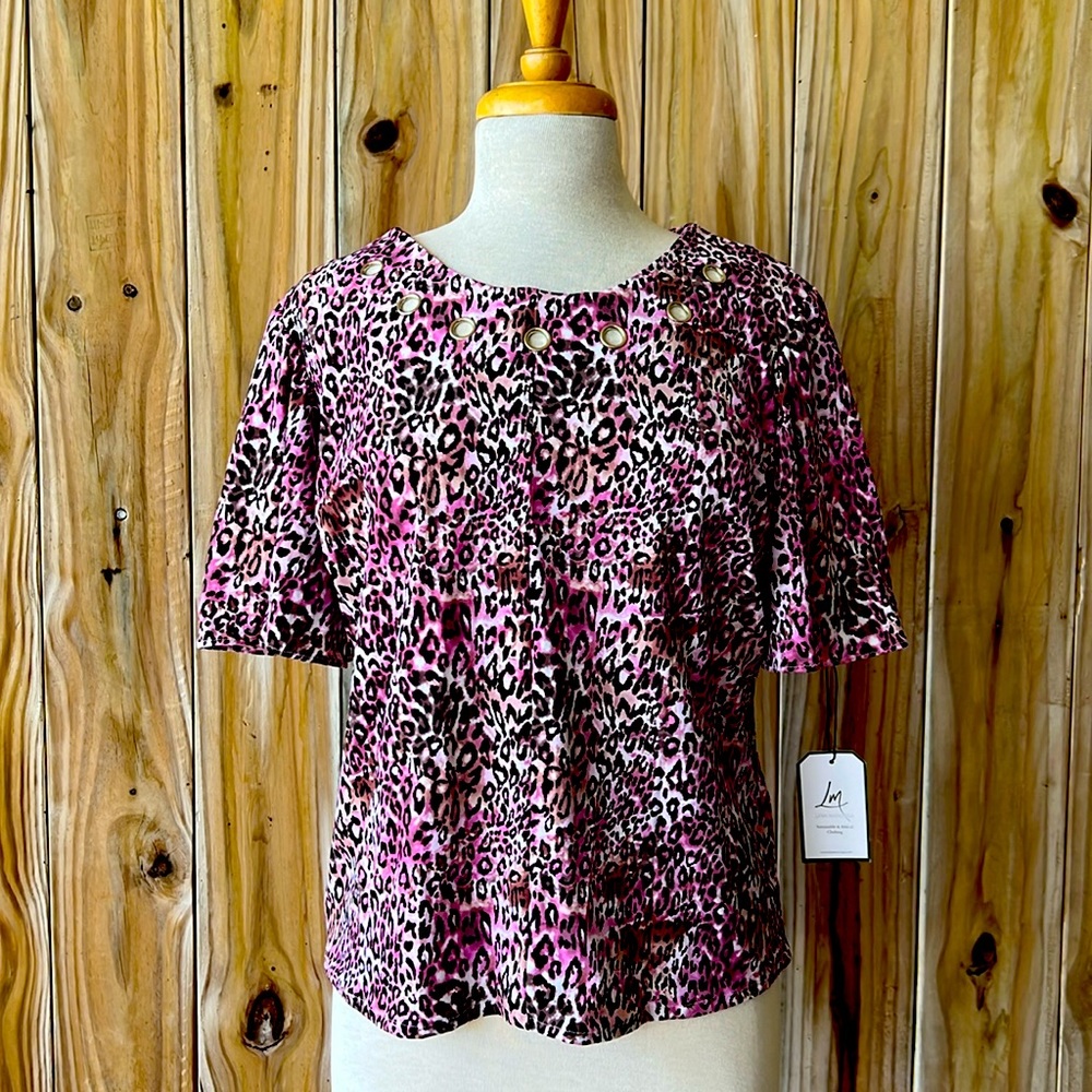 Lina Mayorga Sustainable Stretch Pink Leopard Print Silver Grommet Blouse